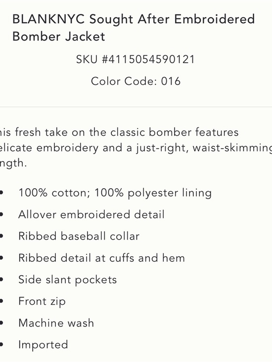 Blank NYC Quilted “Sought After” Embroidered Bomber Jacket - Picture 5 of 5